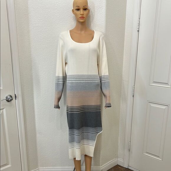 Madden Girl Cream Gray Long Sleeve Dress Scoop Neck Long Sleeve Ribbed Midi New - Picture 1 of 13